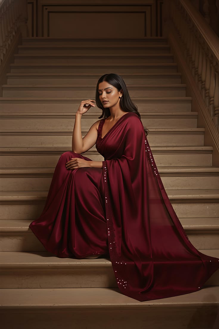 Deep Maroon Satin Silk Saree